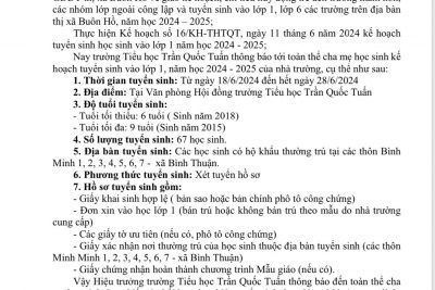 Thông báo tuyển sinh vào lớp 1 của Trường Tiểu học Trần Quốc Tuấn năm học 2024-2025